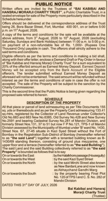 Public Notice for Sale of Property by Bai Kabibai and Hansraj Morarji Charity Trust
