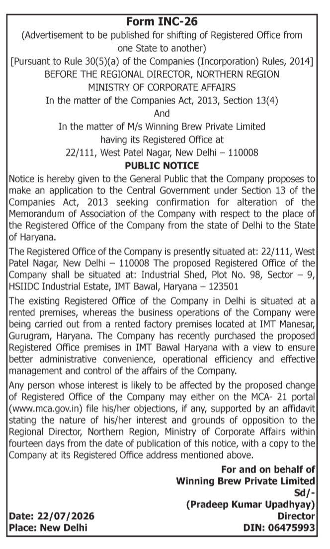 Public Notice for Shifting of Registered Office (Form INC-26) – M/s Winning Brew Private Limited