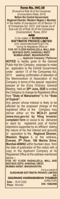 Public Notice for Shifting of Registered Office from one State to another.