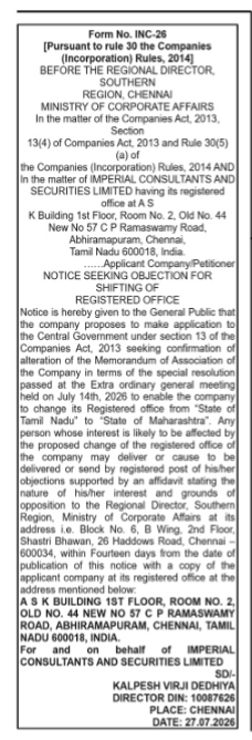 Public Notice for Shifting of Registered Office (Imperial Consultants and Securities Limited)