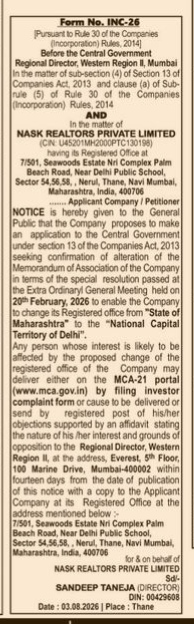 Public Notice for Shifting of Registered Office - Nask Realtors Private Limited