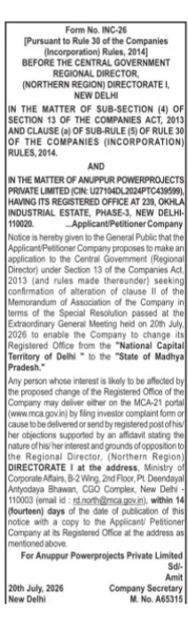 Public Notice for Shifting of Registered Office of Anuppur Powerprojects Private Limited