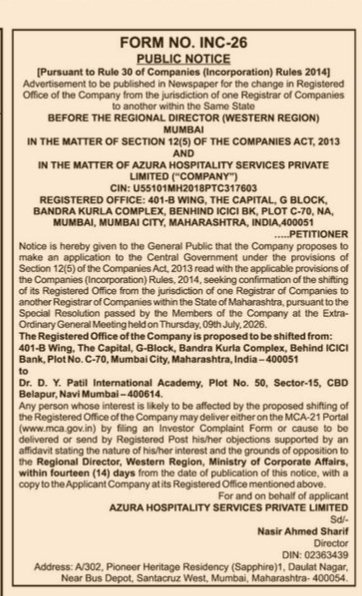 Public Notice for Shifting Registered Office: Azura Hospitality Services Private Limited