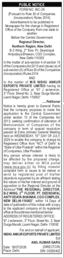 Public Notice for Shifting Registered Office: M/S Nishu Ankur Exports Private Limited