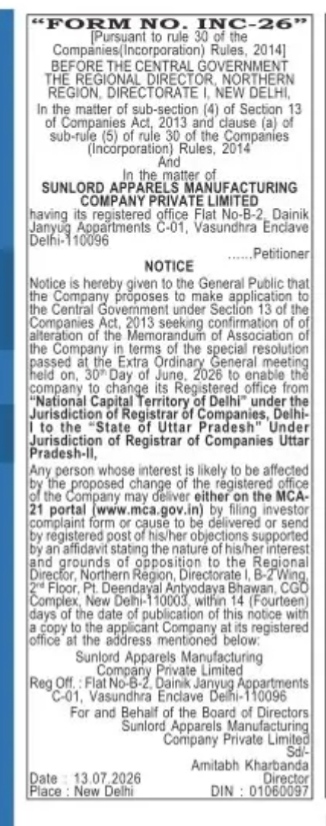 Public Notice for Shifting Registered Office: Sunlord Apparels Manufacturing Company Private Limited