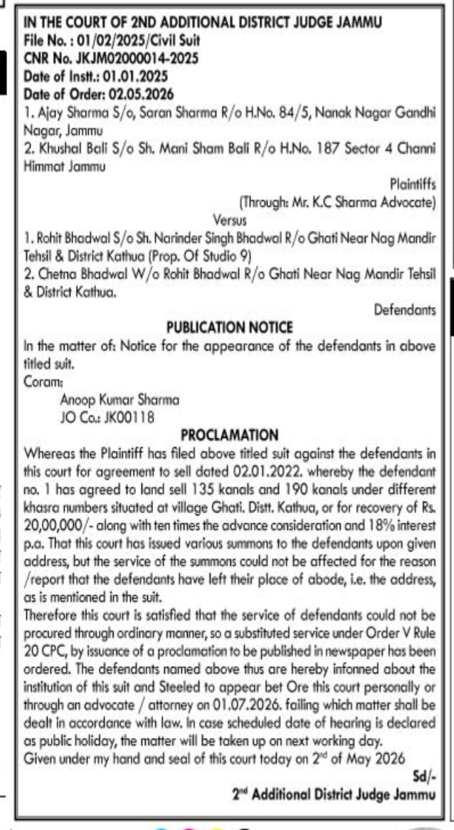 Public Notice for Substituted Service (Court Proclamation) - Court of 2nd Additional District Judge, Jammu