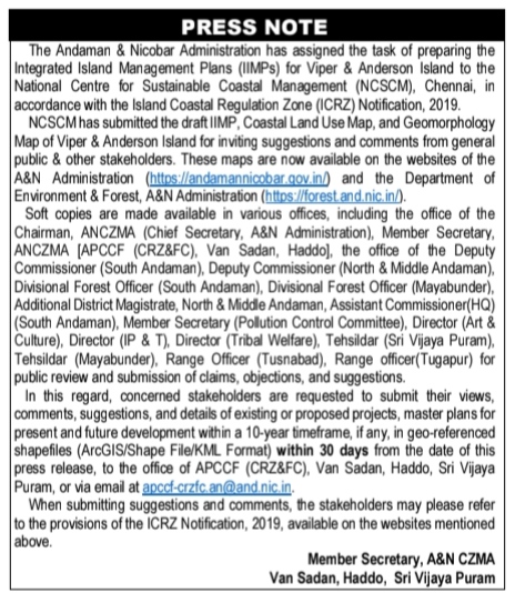 Public Notice for Suggestions on Draft Integrated Island Management Plans (IIMPs) for Viper & Anderson Island