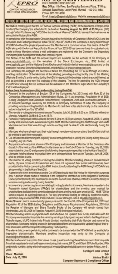 PUBLIC NOTICE FOR THE 33RD ANNUAL GENERAL MEETING
