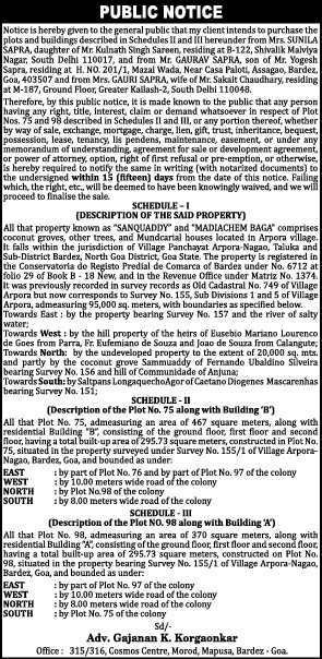 Public Notice for the Intended Purchase of Property (Plots 75 & 98) in Arpora, Goa