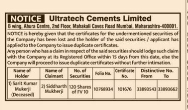 public notice for the loss of share certificates and the issuance of duplicate certificates.