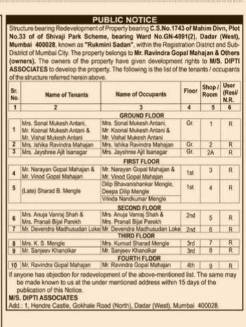 Public Notice for the Redevelopment of "Rukmini Sadan" in Dadar, Mumbai.