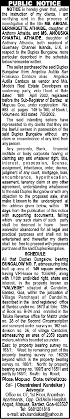Public Notice for Title Verification and Investigation of Duplex Bungalow No. F at "Valvede", Candolim, Goa