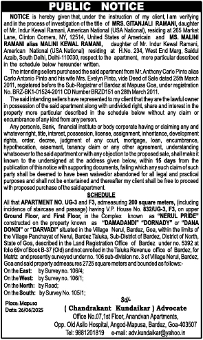 Public Notice for Title Verification of Property in Nerul, Goa