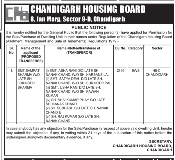 Public Notice for Transfer of CHB Dwelling Unit 2336, Sector 45-C, Chandigarh
