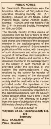 Public Notice for Transfer of Shares / Society Property Claim