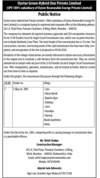 Public Notice for Transmission Line Energization by Oyster Green Hybrid One Private Limited