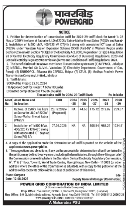 Public Notice for Transmission Tariff Determination (2024-29) by POWERGRID