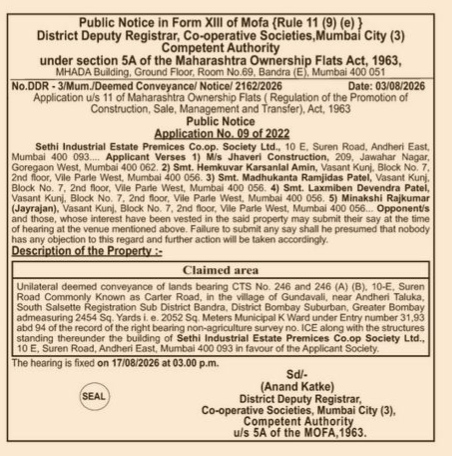 Public Notice for Unilateral Deemed Conveyance of Sethi Industrial Estate