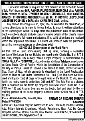 Public Notice for Verification of Title and Intended Sale of Plot in Dona Paula, Goa