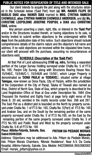 Public Notice for Verification of Title and Intended Sale of Property in Dona Paula, Goa