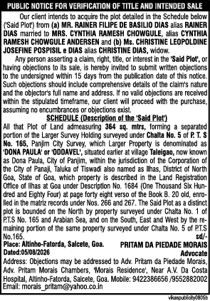Public Notice for Verification of Title and Intended Sale