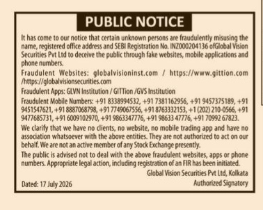 Public Notice: Fraudulent Misuse of Global Vision Securities Pvt Ltd Name and SEBI Registration