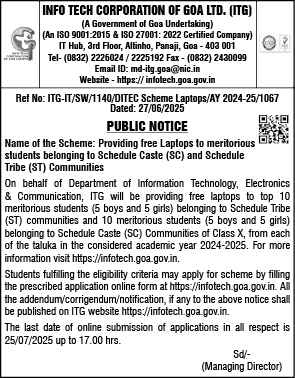 Public Notice: Free Laptops for Meritorious SC and ST Students (AY 2024-25) – Info Tech Corporation of Goa Ltd.