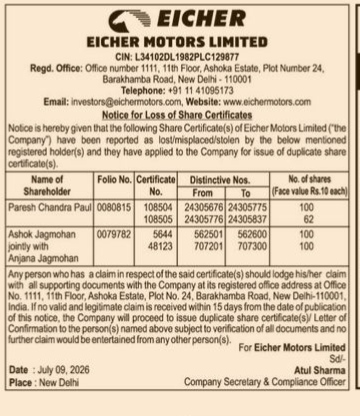 public notice from eicher motors