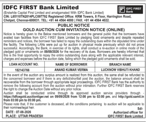 Public Notice: Gold Auction Cum Invitation Notice (Online) by IDFC FIRST Bank Limited