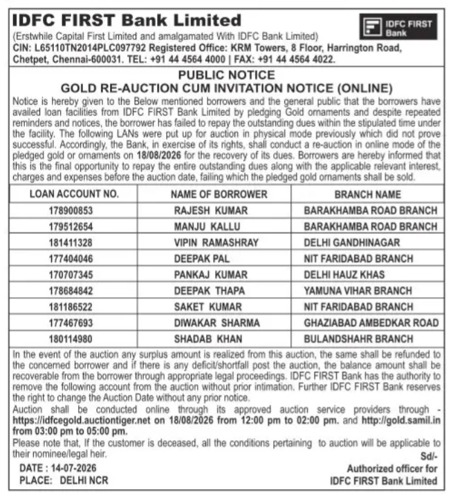 PUBLIC NOTICE -IDFC BANK