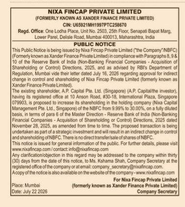 Public Notice: Indirect Change in Control and Shareholding of Nixa Fincap Private Limited