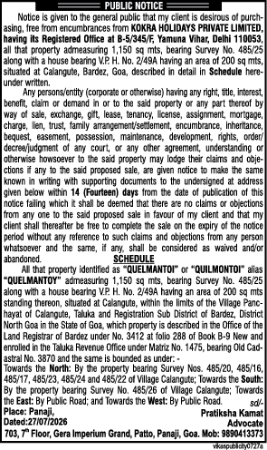 Public Notice: Intended Property Purchase in Calangute, Goa