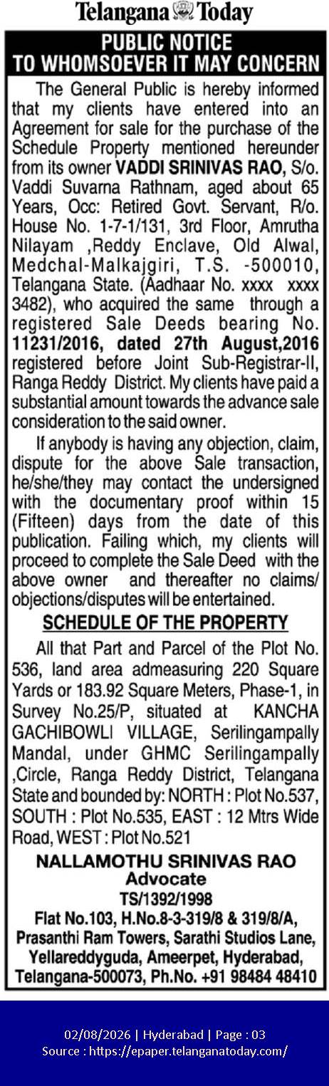 Public Notice: Intended Property Purchase in Gachibowli