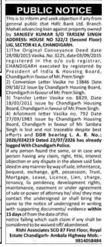Public Notice: Intent to Advance Loan Against Property
