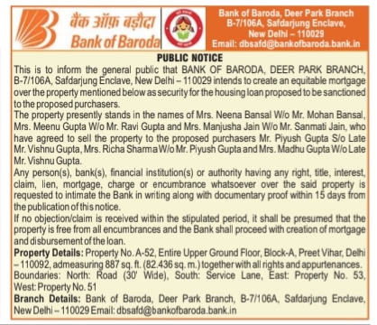 Public Notice: Intent to Create Equitable Mortgage by Bank of Baroda