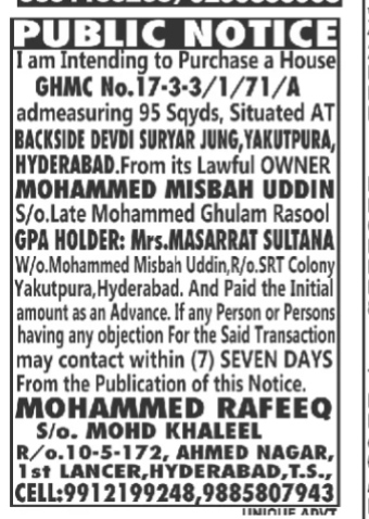 Public Notice: Intent to Purchase House in Yakutpura, Hyderabad