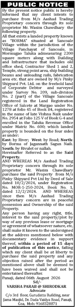 Public Notice: Intent to Purchase Property at Sancoale, Goa