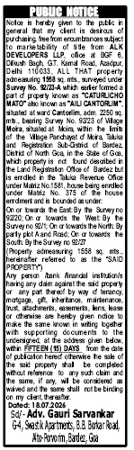 Public Notice: Intent to Purchase Property in Moira, Goa