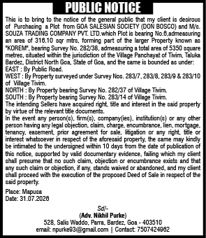 Public Notice: Intent to Purchase Property in Tivim, Goa