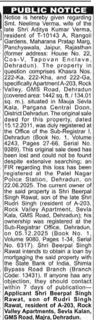 Public Notice: Intention to Mortgage Property & Lost Sale Deed