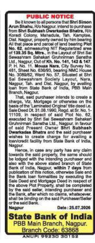 Public Notice: Intention to Purchase and Mortgage Property (Plot No. 62, Mouza Nara, Nagpur)