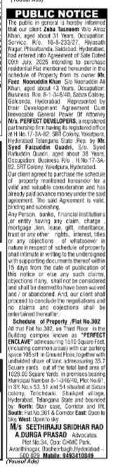 Public Notice: Intention to Purchase Flat No. 302, Perfect Enclave, Tolichowki