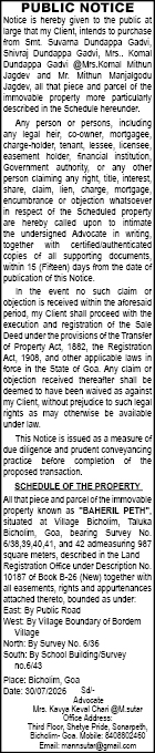 PUBLIC NOTICE: Intention to Purchase Immovable Property ("BAHERIL PETH", Bicholim, Goa