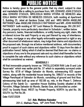 Public Notice: Intention to Purchase Immovable Property in Salvador do Mundo, Goa