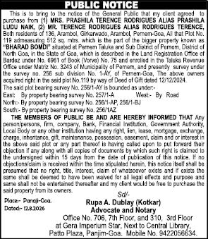 Public Notice: Intention to Purchase Plot No. 119 in Pernem, Goa