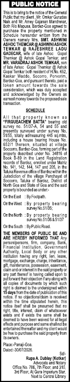 Public Notice: Intention to Purchase Property in Socorro, Bardez-Goa