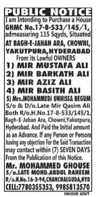 Public Notice: Intention to Purchase Property in Yakutpura, Hyderabad