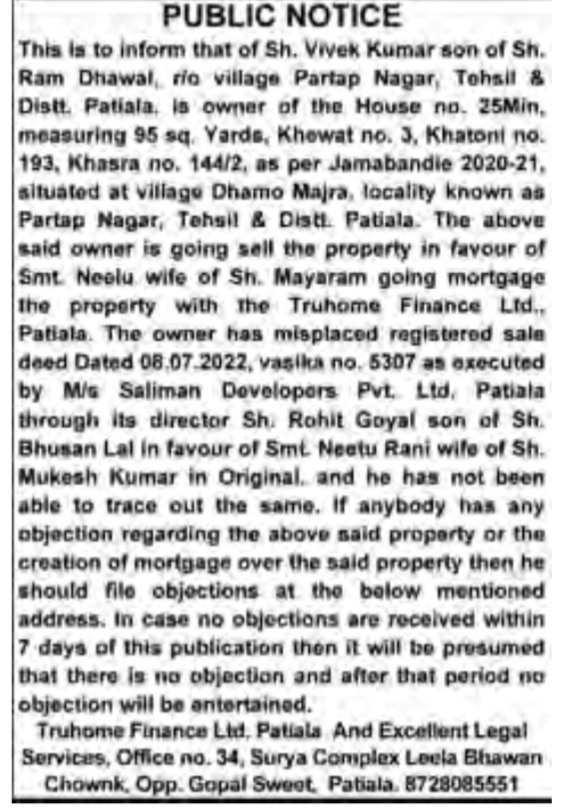 PUBLIC NOTICE: INTENTION TO SELL AND MORTGAGE PROPERTY WITH LOST SALE DEED