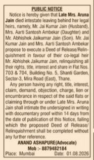 Public Notice: Intestate Death and Proposed Deed of Relinquishment for Flat Nos. 703 & 704, Shanti Garden, Mira Road (East), Thane