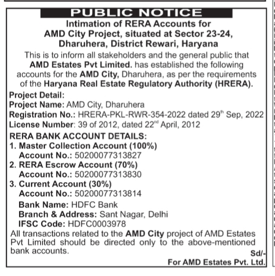 Public Notice: Intimation of RERA Accounts for AMD City, Dharuhera
